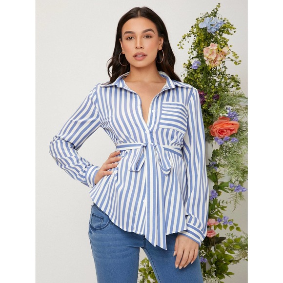 Maternity Striped Patched Pocket Belted Blouse - Picture 1 of 7
